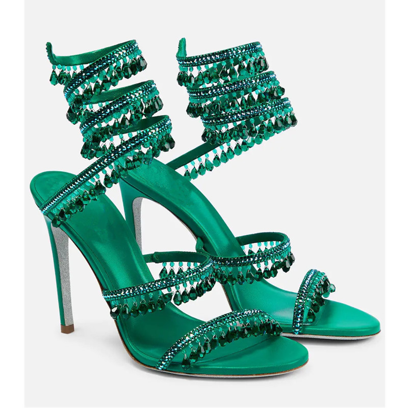 Peep Toe Heels - Sandali sexy con frange di cristallo